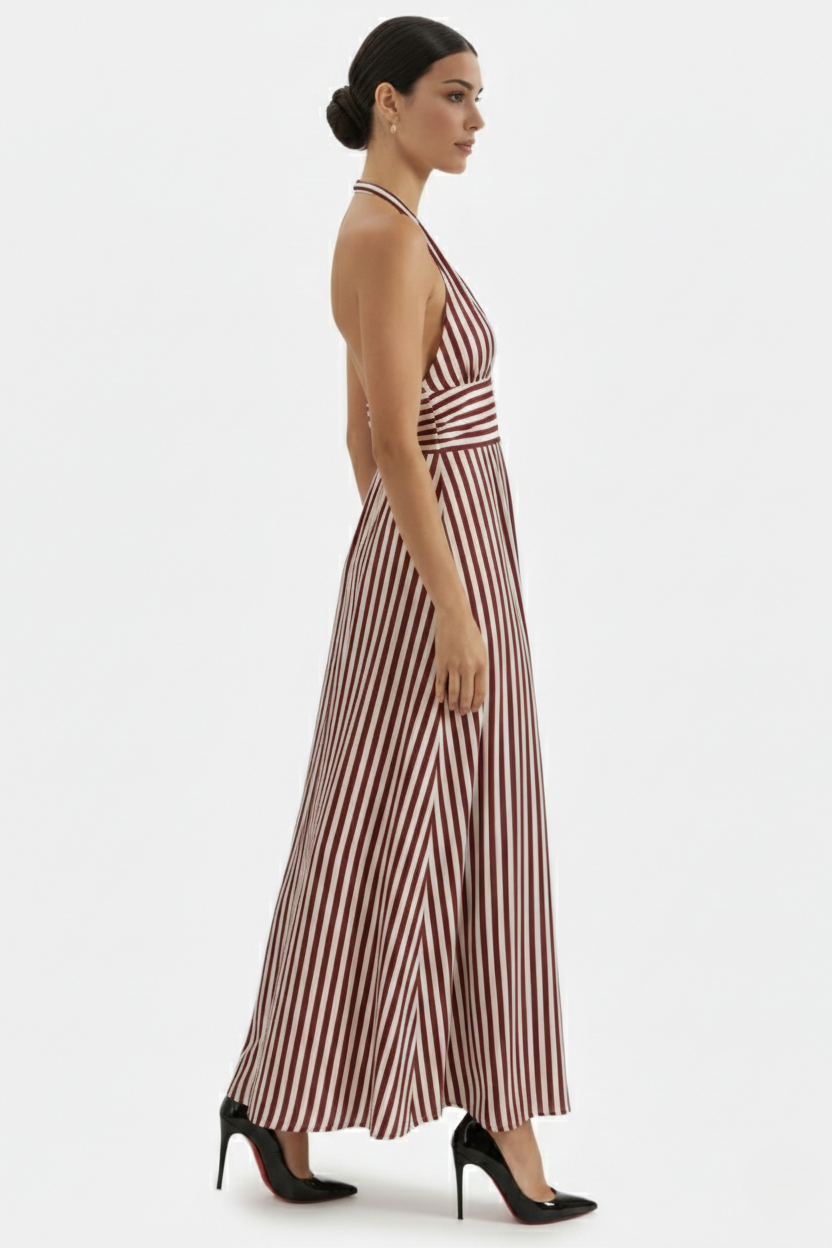 Striped Halter Neck Maxi Dress with Open Back