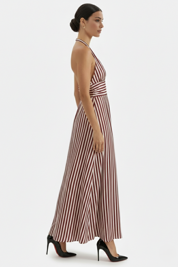Striped Halter Neck Maxi Dress with Open Back