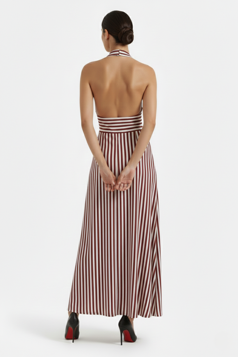 Striped Halter Neck Maxi Dress with Open Back