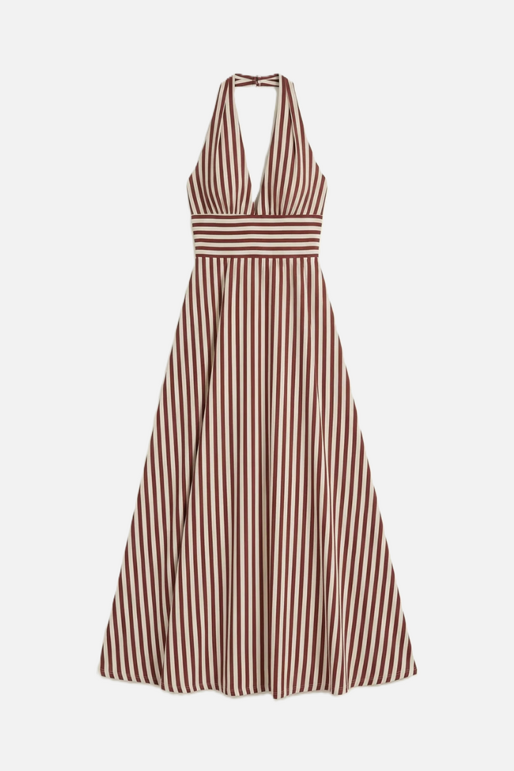 Striped Halter Neck Maxi Dress with Open Back