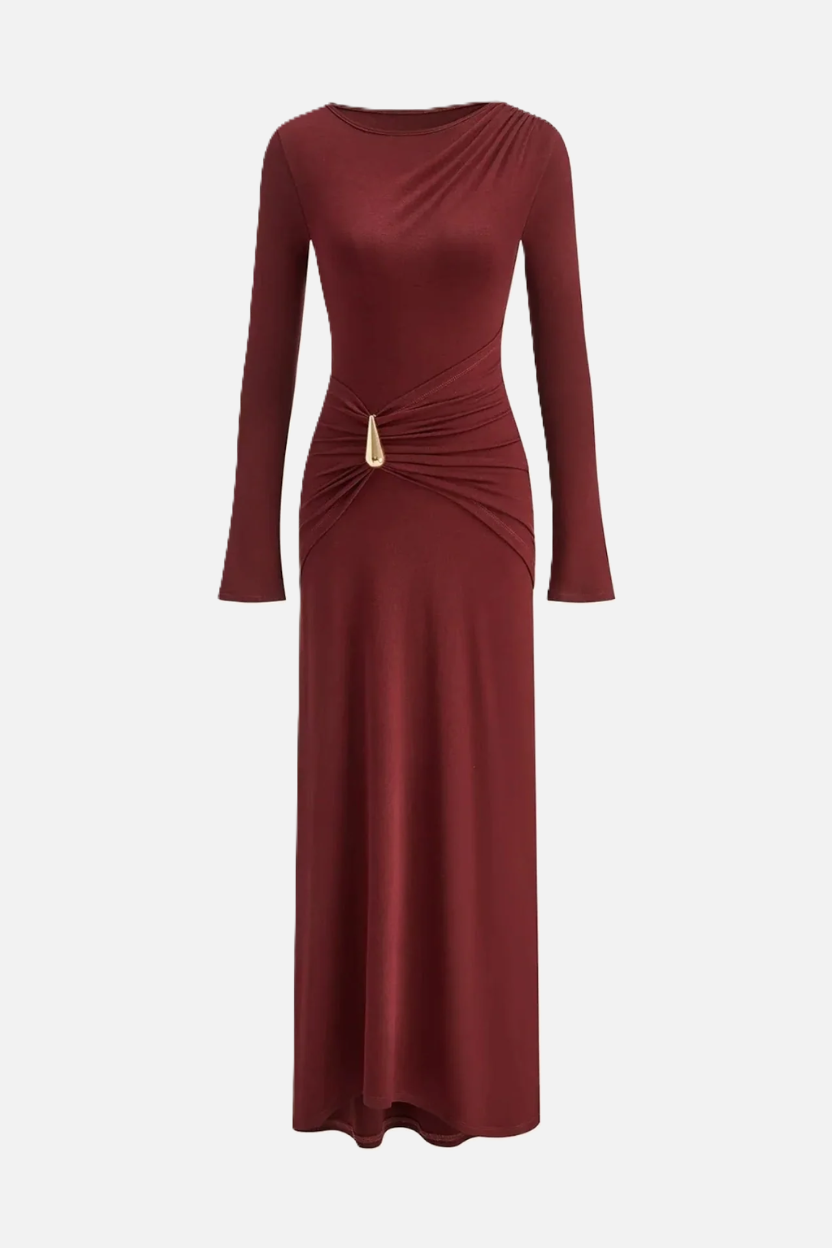 Evening Dress Ruched Waist Long Sleeve with Hardware Detail