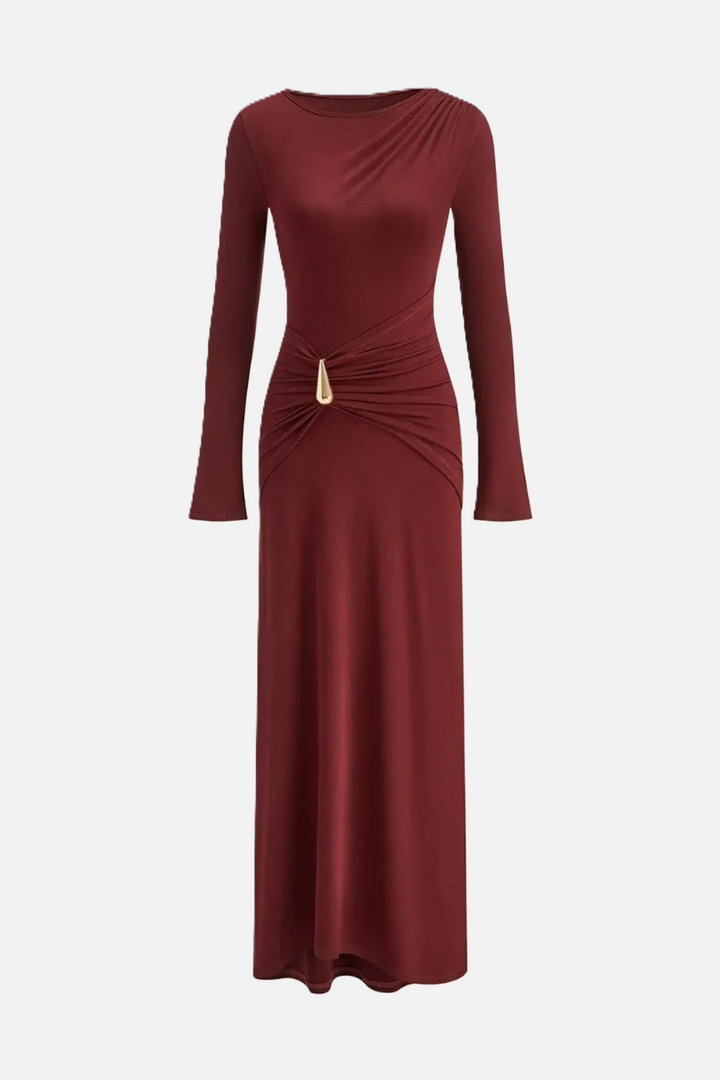 Evening Dress Ruched Waist Long Sleeve with Hardware Detail
