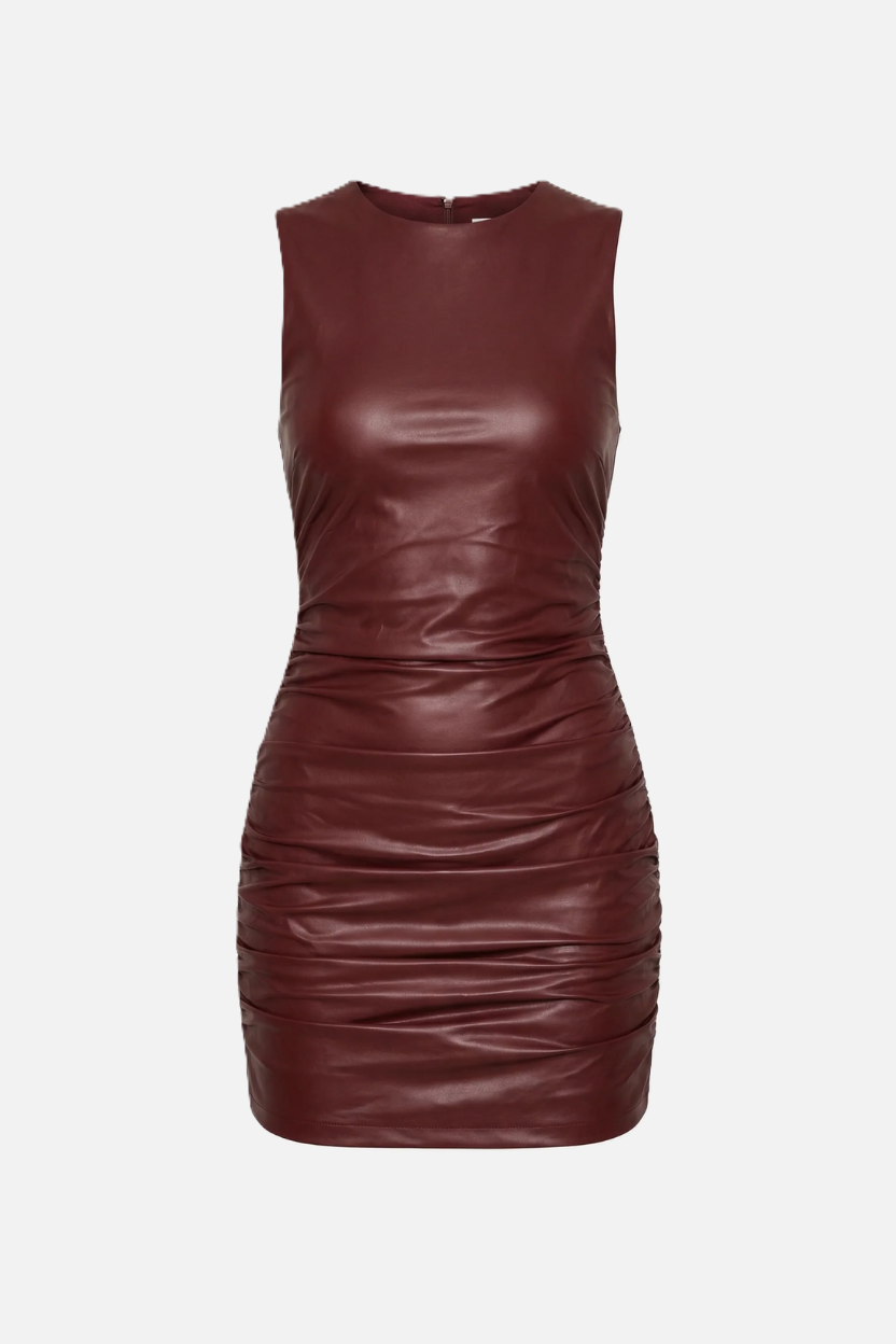 Faux Leather Sleeveless Ruched Mini Dress