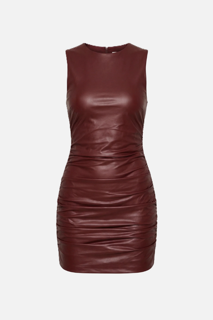 Faux Leather Sleeveless Ruched Mini Dress