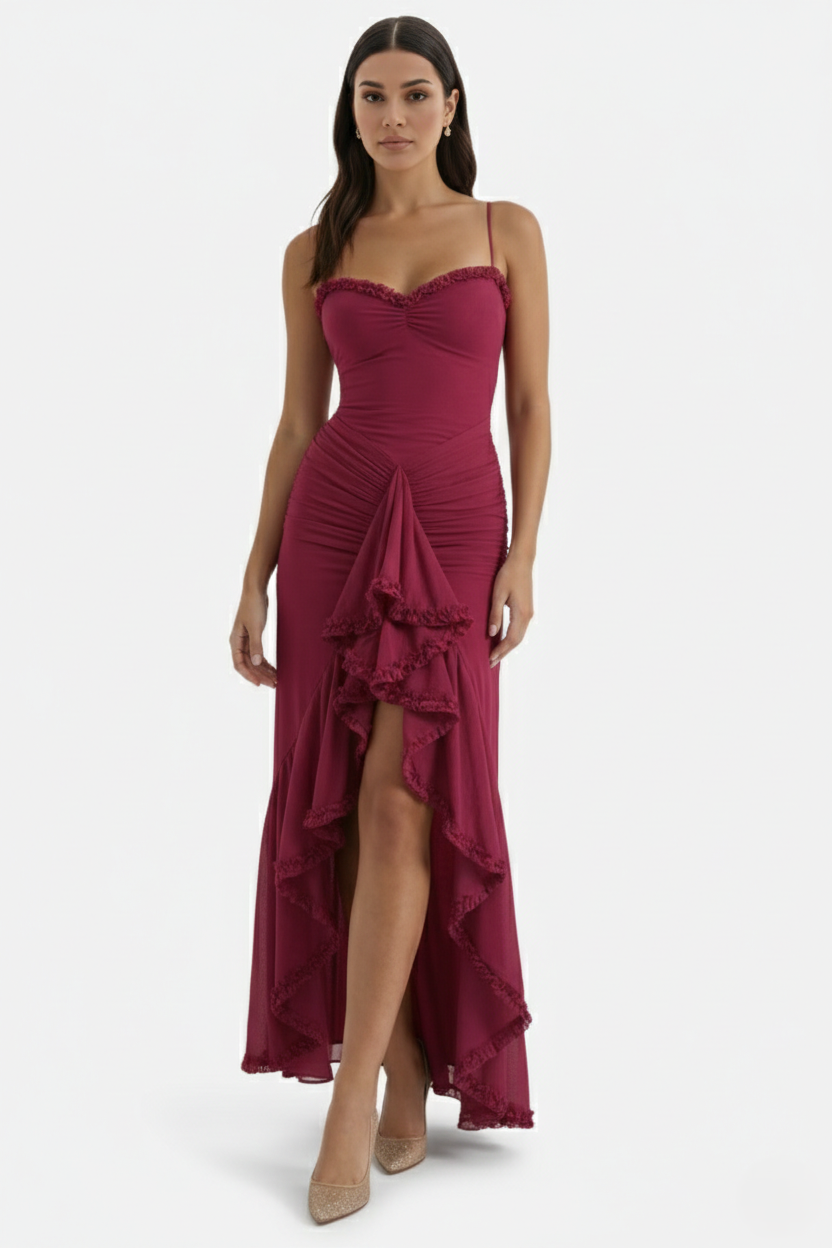Evening Gown Ruched Mesh Ruffle Assymetrical Hem