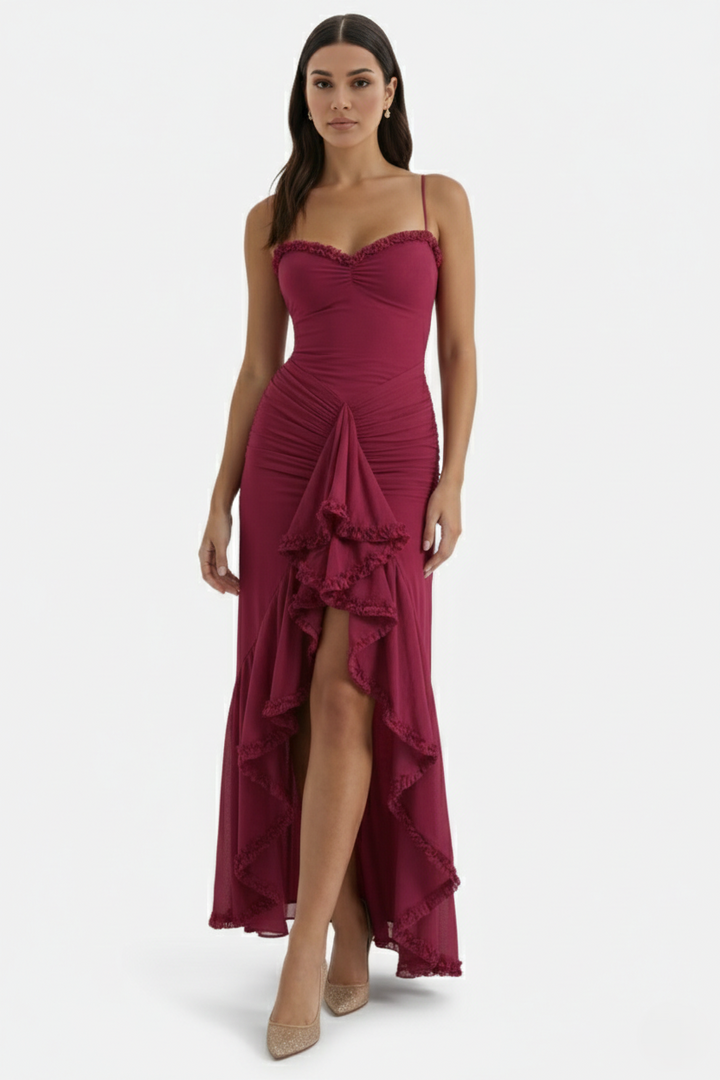 Evening Gown Ruched Mesh Ruffle Assymetrical Hem