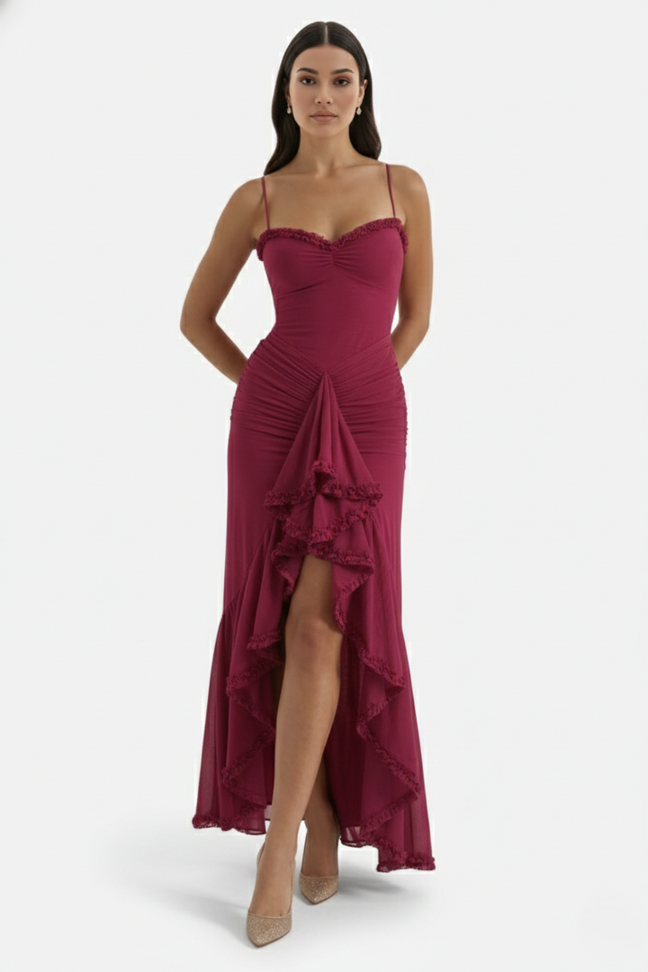 Evening Gown Ruched Mesh Ruffle Assymetrical Hem