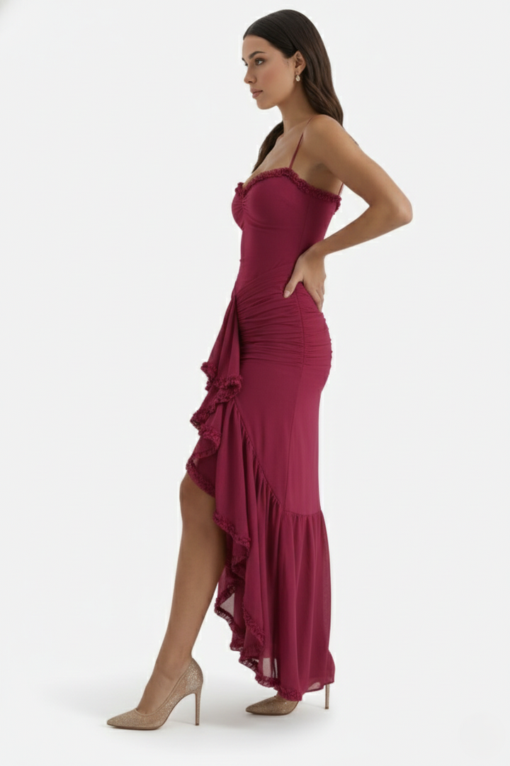 Evening Gown Ruched Mesh Ruffle Assymetrical Hem