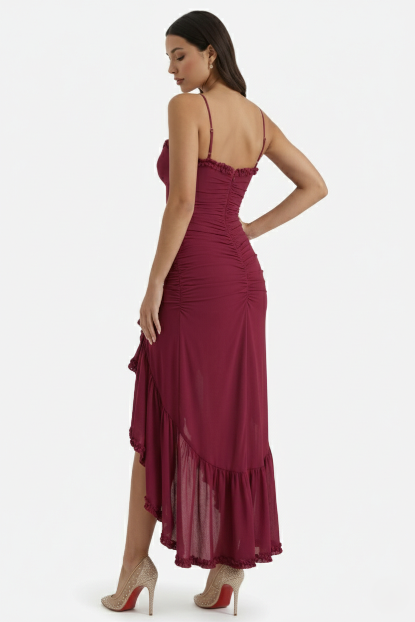 Evening Gown Ruched Mesh Ruffle Assymetrical Hem