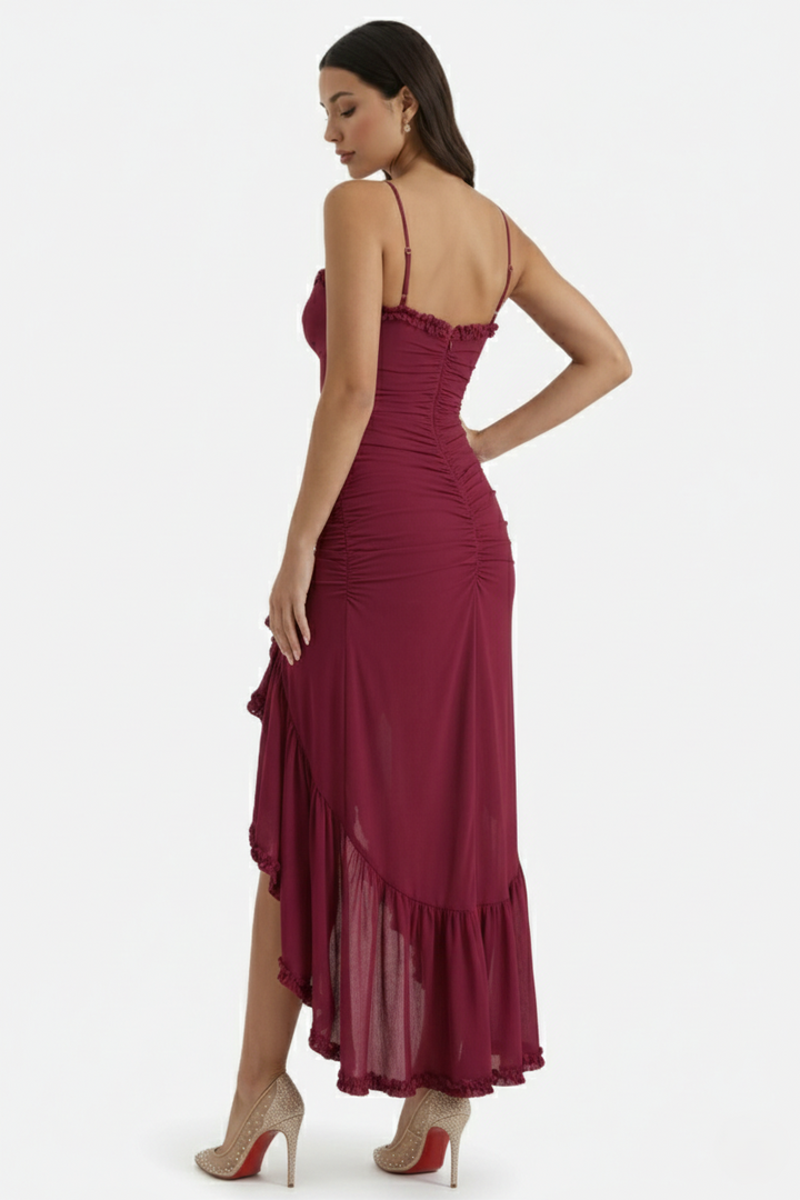 Evening Gown Ruched Mesh Ruffle Assymetrical Hem