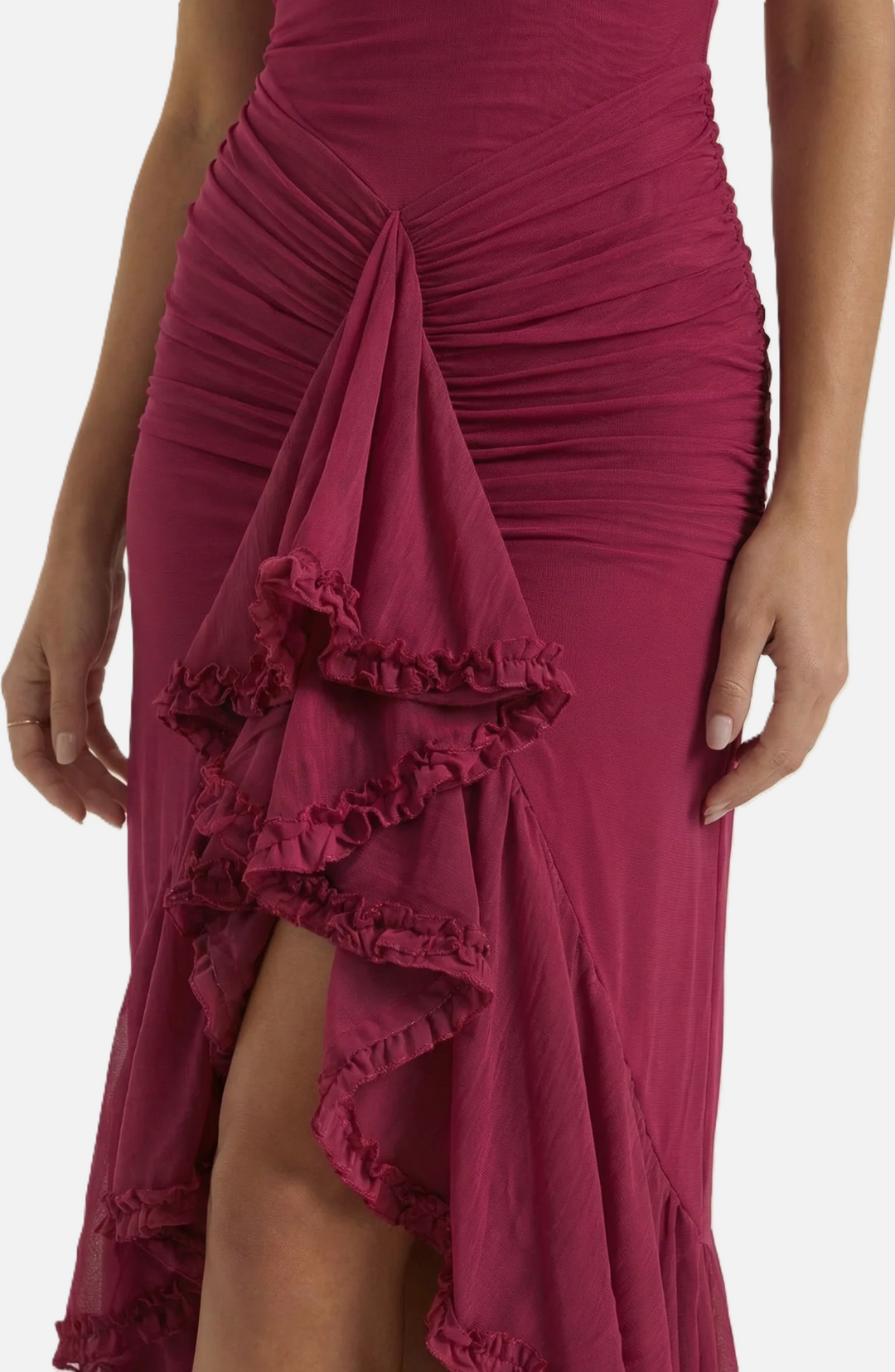 Evening Gown Ruched Mesh Ruffle Assymetrical Hem
