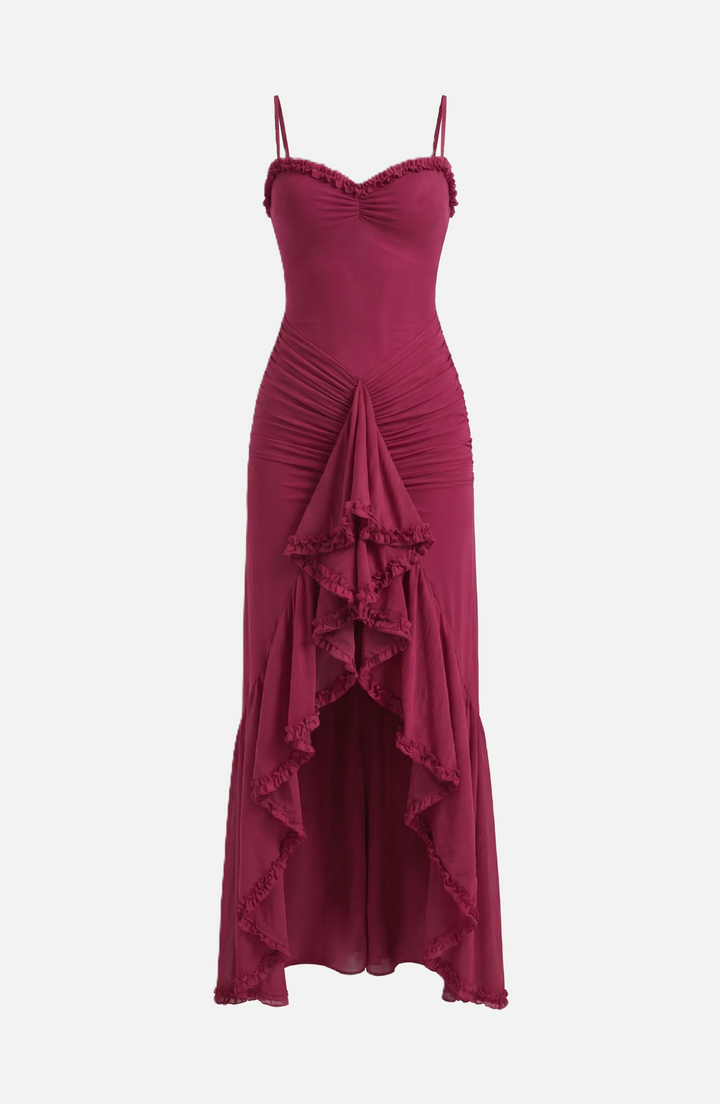 Evening Gown Ruched Mesh Ruffle Assymetrical Hem