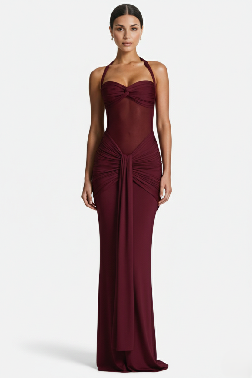 Halter Neck Tie Back Ruched Bodycon Evening Gown