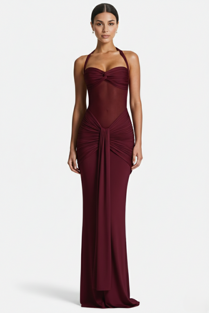Halter Neck Tie Back Ruched Bodycon Evening Gown