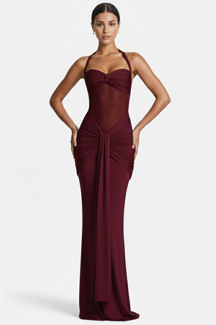 Halter Neck Tie Back Ruched Bodycon Evening Gown