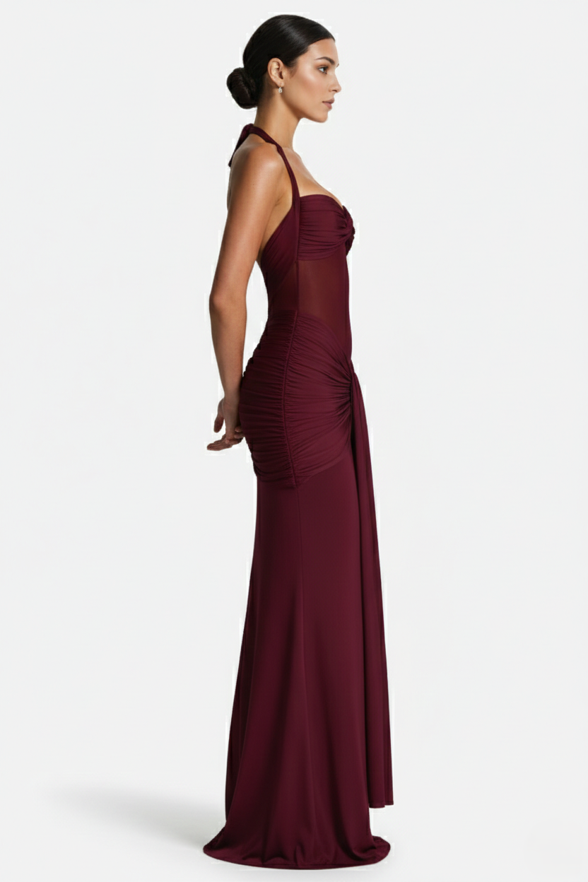 Halter Neck Tie Back Ruched Bodycon Evening Gown