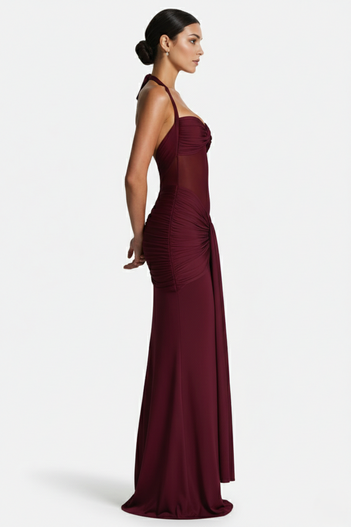 Halter Neck Tie Back Ruched Bodycon Evening Gown
