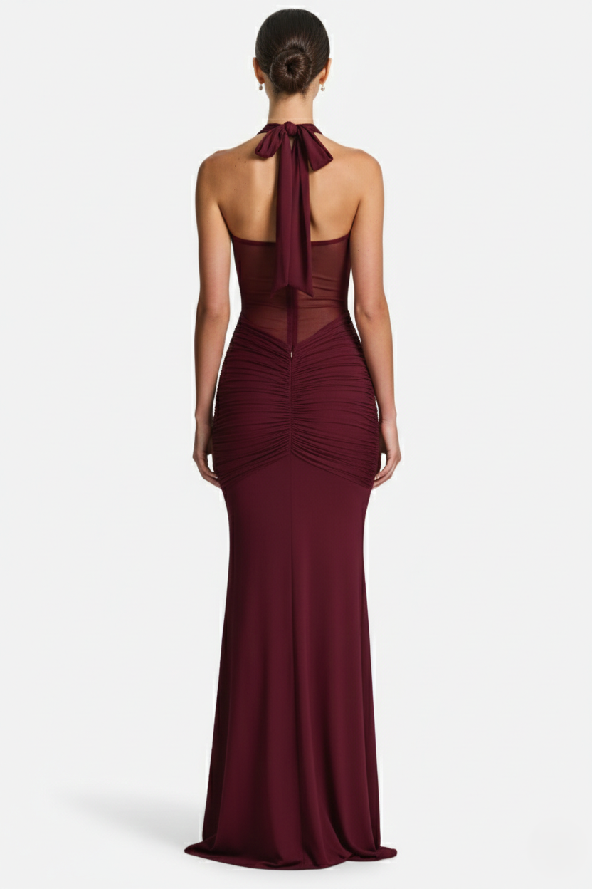 Halter Neck Tie Back Ruched Bodycon Evening Gown