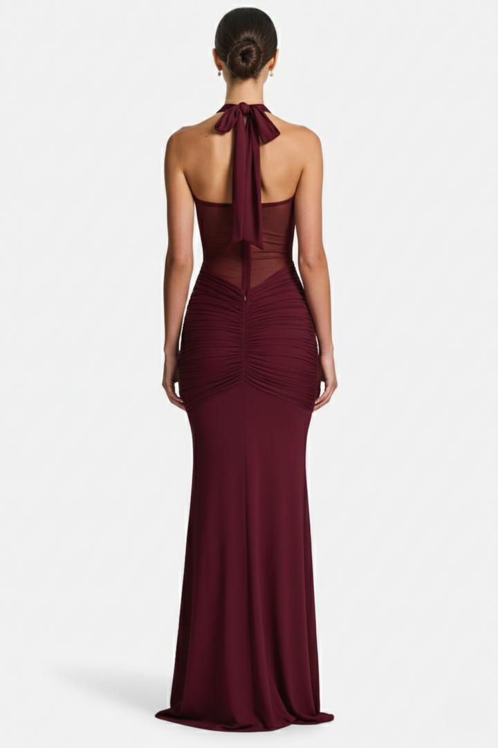 Halter Neck Tie Back Ruched Bodycon Evening Gown