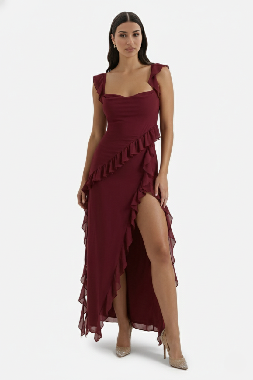 Sleeveless Ruffle Trim Maxi Dress with Front Slit
