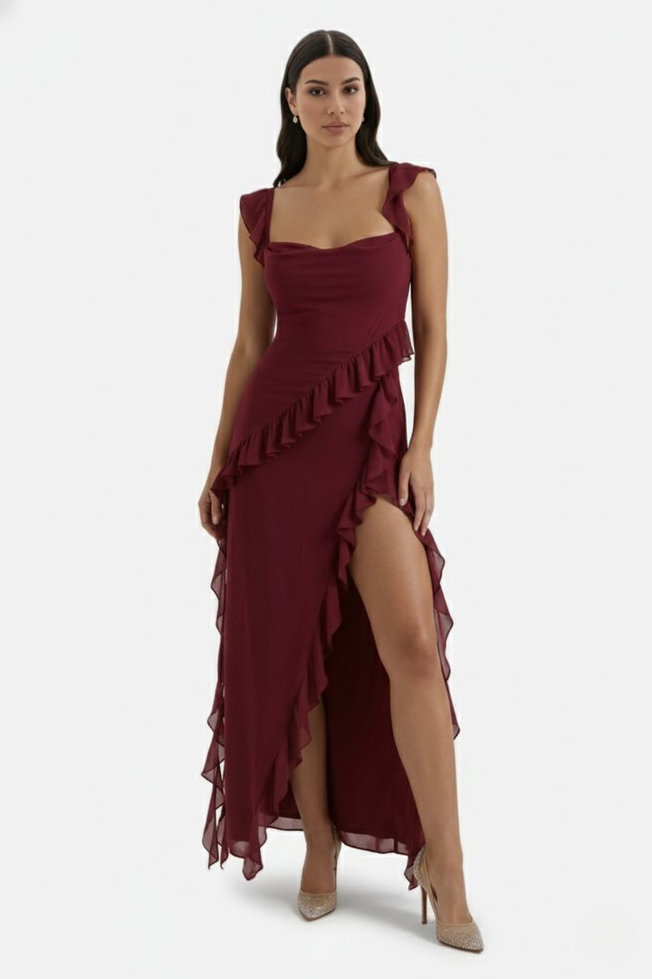 Sleeveless Ruffle Trim Maxi Dress with Front Slit