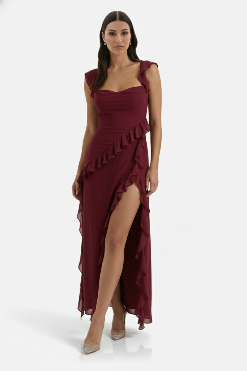 Sleeveless Ruffle Trim Maxi Dress with Front Slit