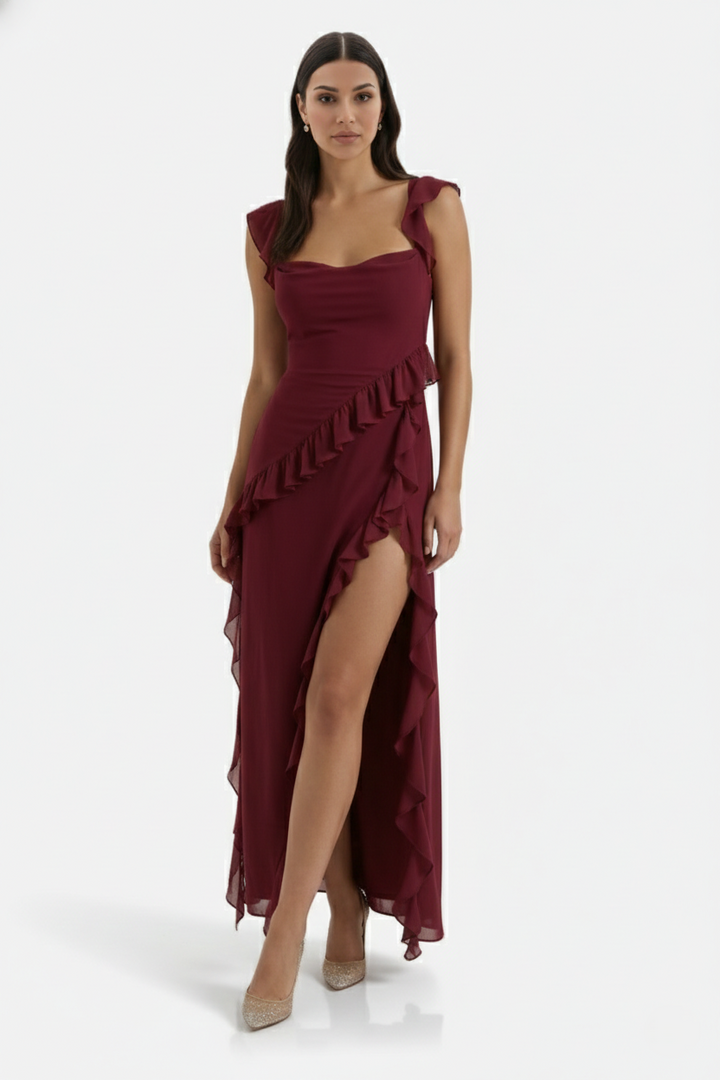 Sleeveless Ruffle Trim Maxi Dress with Front Slit