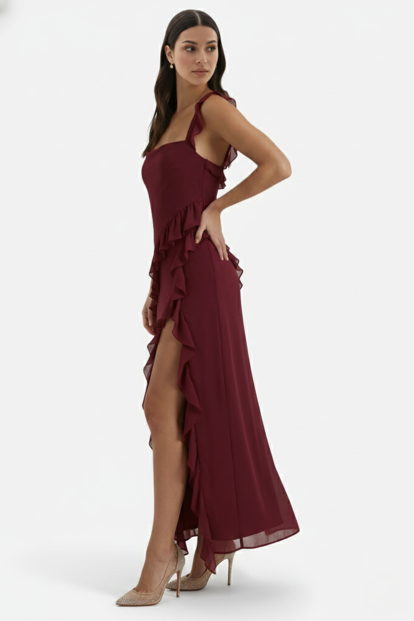 Sleeveless Ruffle Trim Maxi Dress with Front Slit