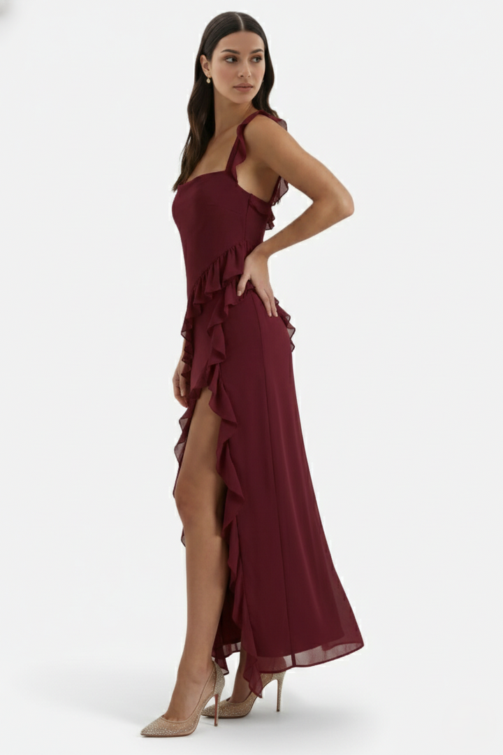 Sleeveless Ruffle Trim Maxi Dress with Front Slit