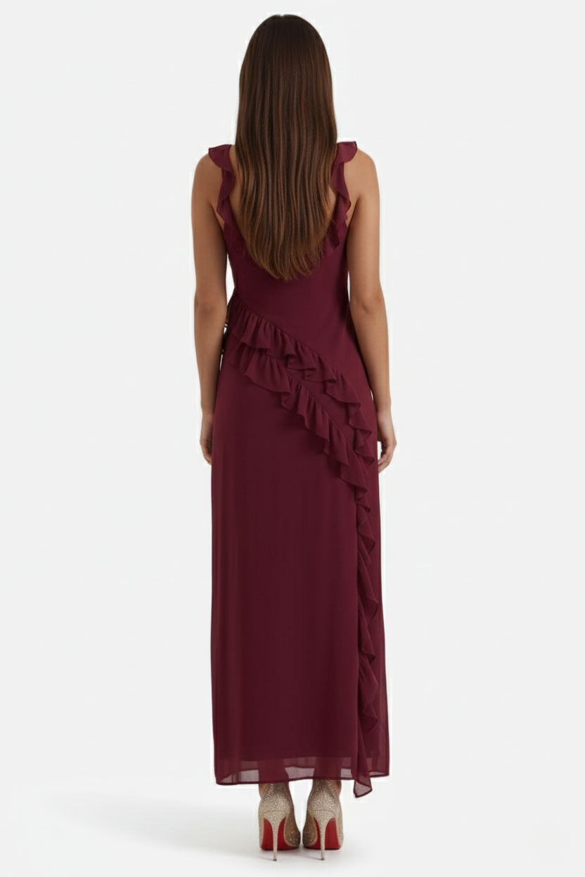 Sleeveless Ruffle Trim Maxi Dress with Front Slit