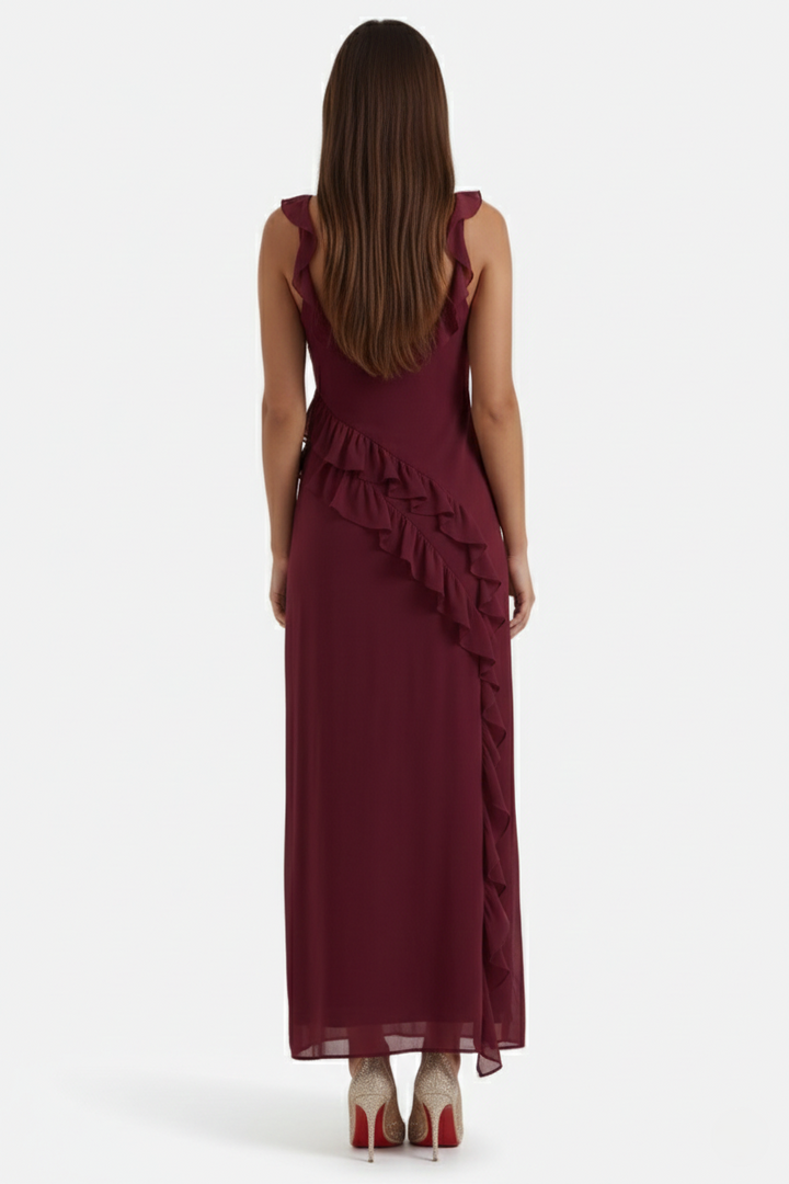 Sleeveless Ruffle Trim Maxi Dress with Front Slit