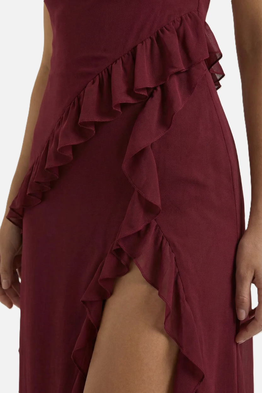Sleeveless Ruffle Trim Maxi Dress with Front Slit
