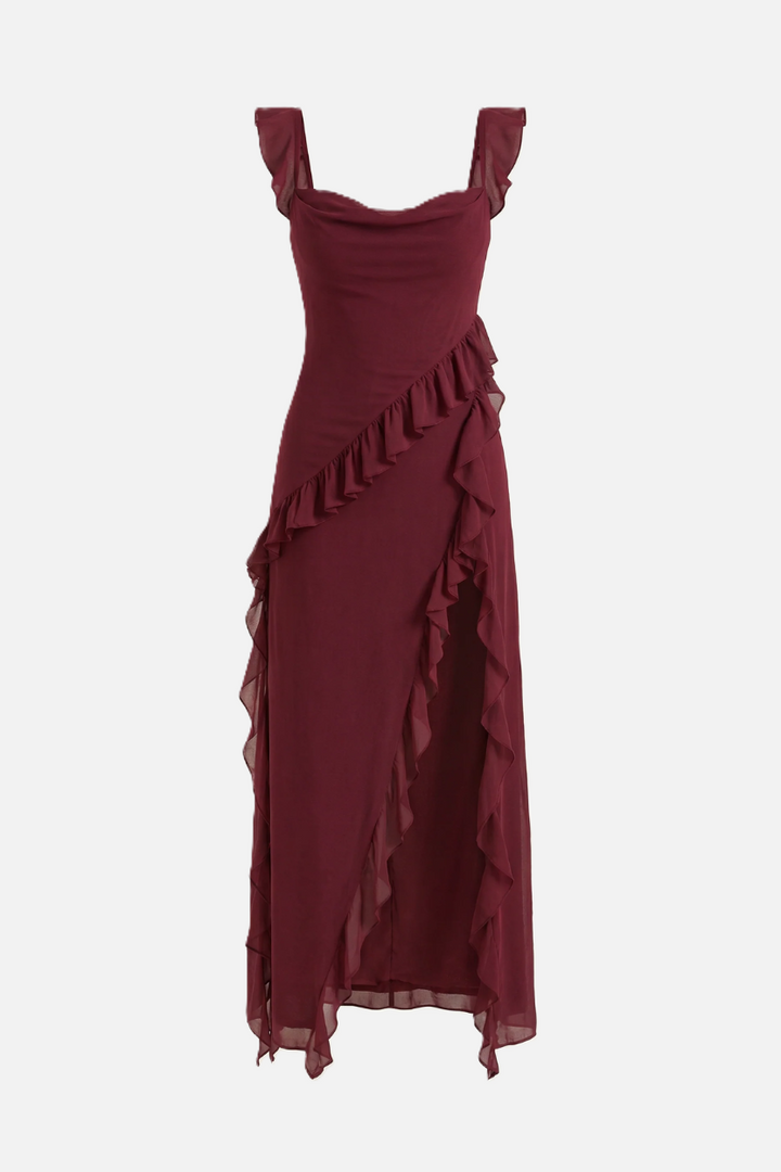 Sleeveless Ruffle Trim Maxi Dress with Front Slit