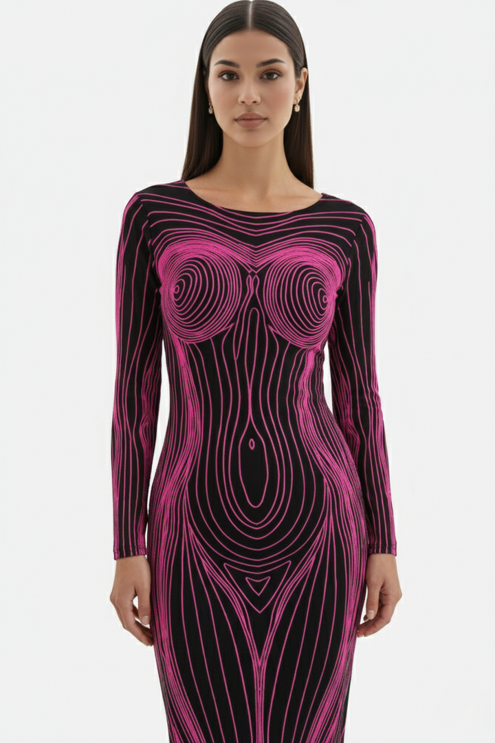 Bodycon Evening Dress with Body Optical Illusion Long Sleeve Maxi Length