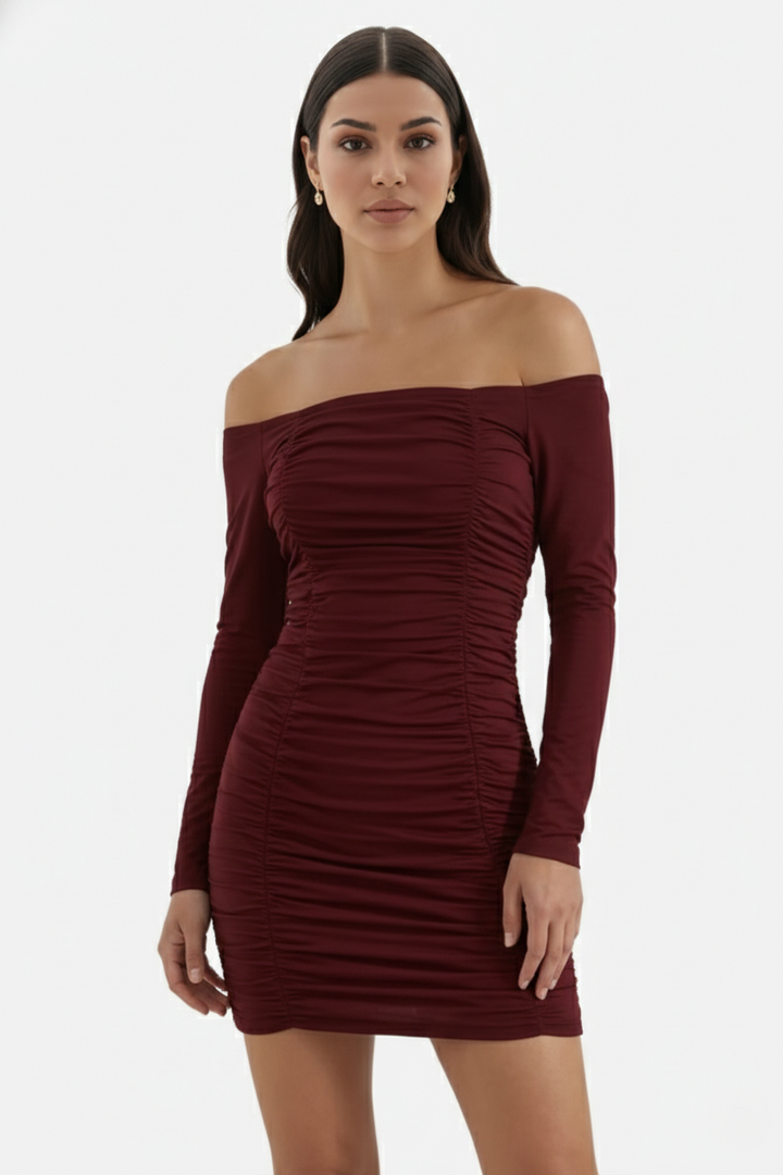 Ruched Off-Shoulder Long Sleeve Bodycon Mini Dress