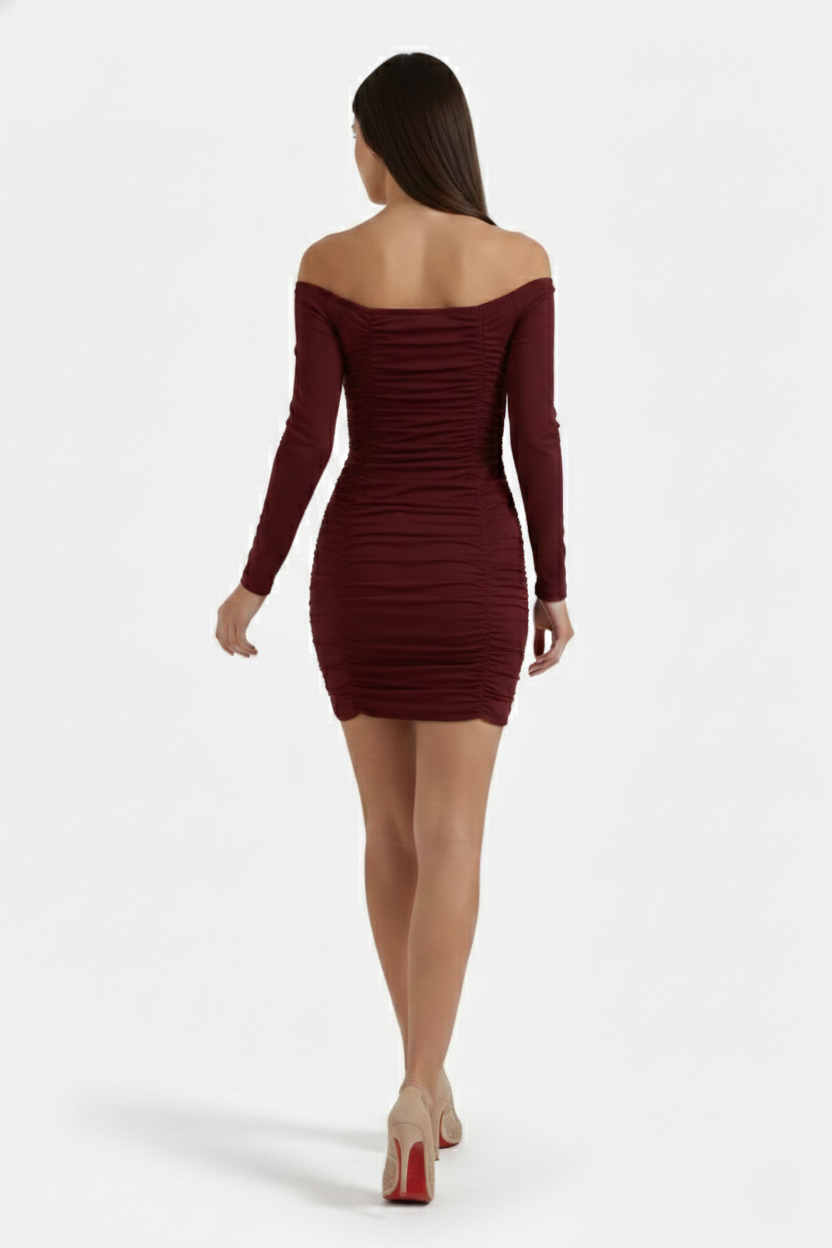 Ruched Off-Shoulder Long Sleeve Bodycon Mini Dress