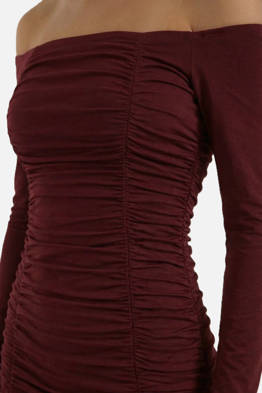 Ruched Off-Shoulder Long Sleeve Bodycon Mini Dress