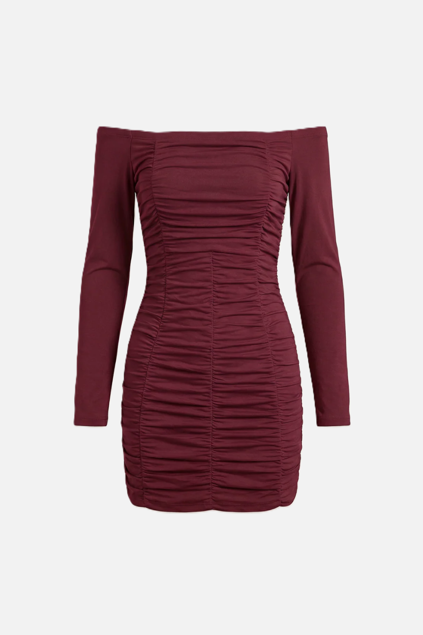 Ruched Off-Shoulder Long Sleeve Bodycon Mini Dress