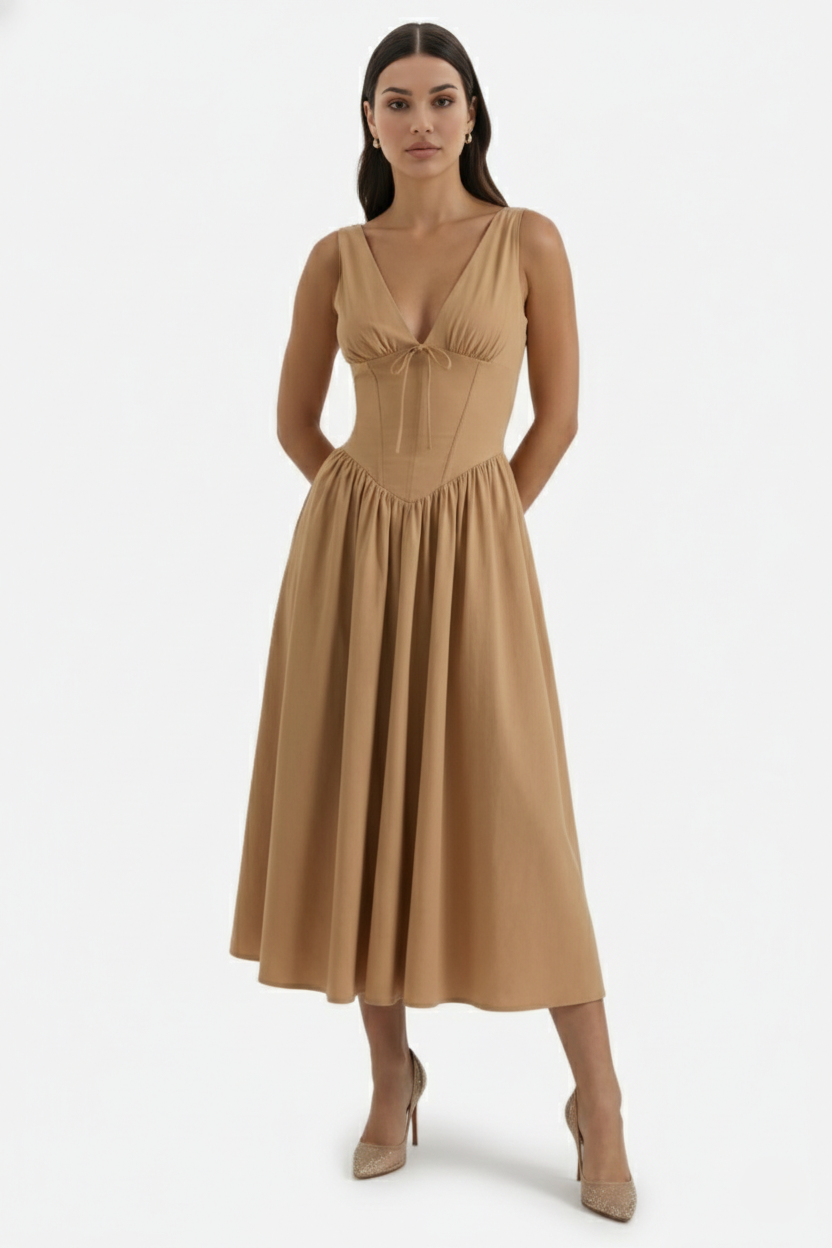 Summer Dress V Neck Fit and Flare Corset Waist