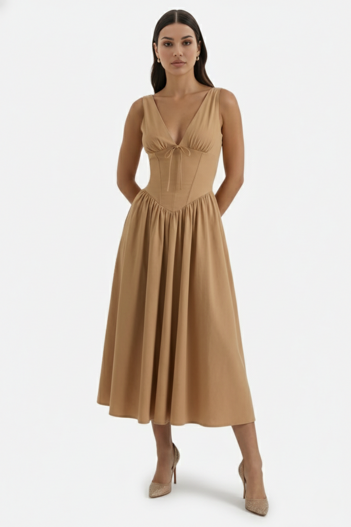 Summer Dress V Neck Fit and Flare Corset Waist