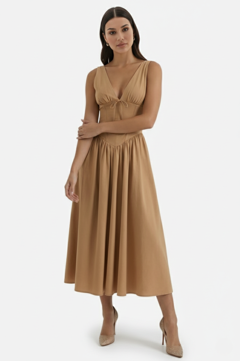 Summer Dress V Neck Fit and Flare Corset Waist
