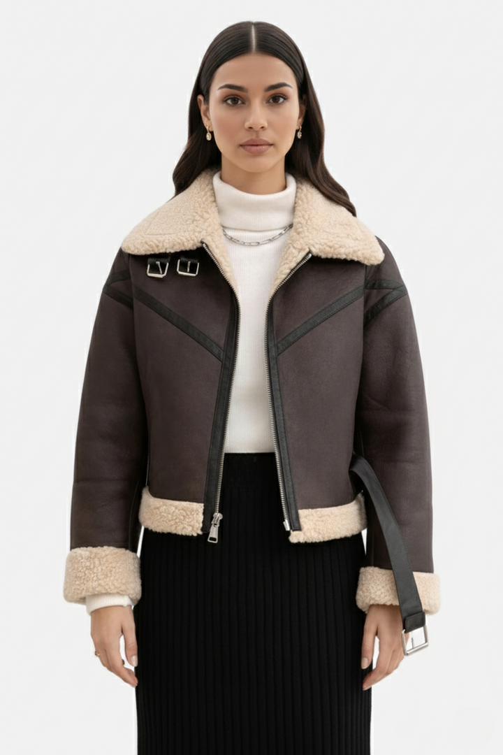 Cropped Faux Leather Aviator Jacket Shearling Lined Buckle Strap Zip Front