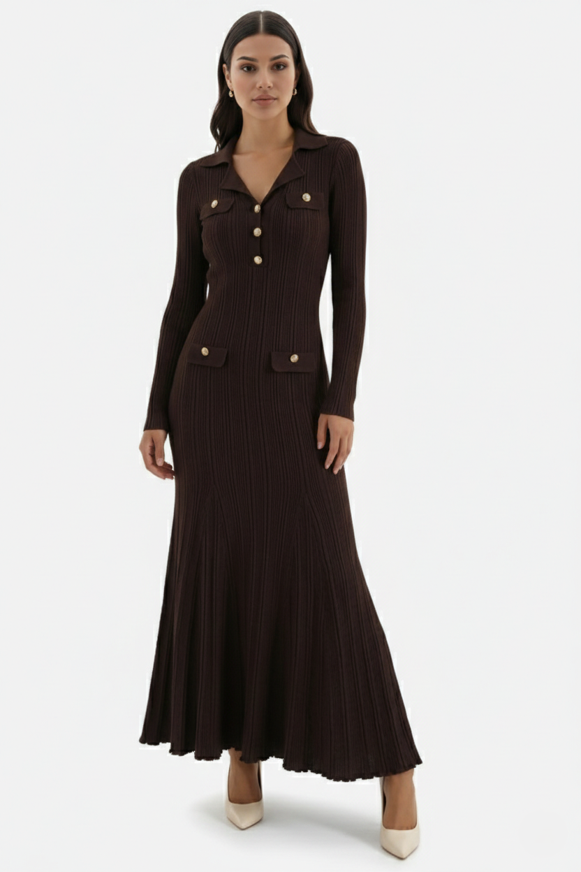 Long Sleeve Ribbed Knit Maxi Dress Polo Collar - Slim Fit Mermaid Hem