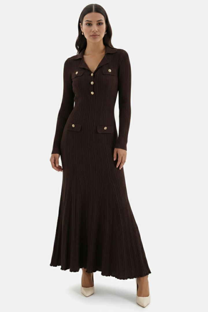 Long Sleeve Ribbed Knit Maxi Dress Polo Collar - Slim Fit Mermaid Hem
