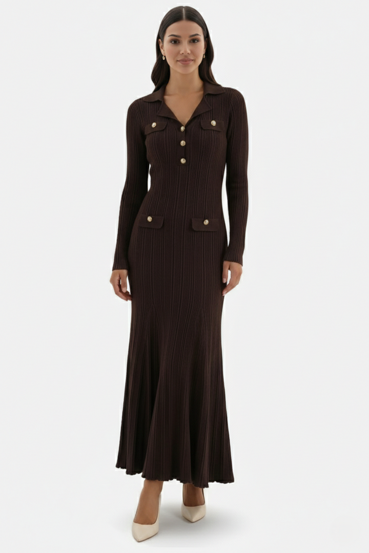 Long Sleeve Ribbed Knit Maxi Dress Polo Collar - Slim Fit Mermaid Hem
