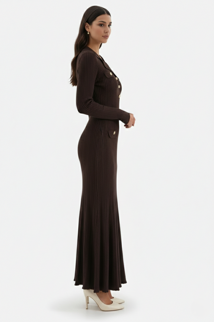 Long Sleeve Ribbed Knit Maxi Dress Polo Collar - Slim Fit Mermaid Hem