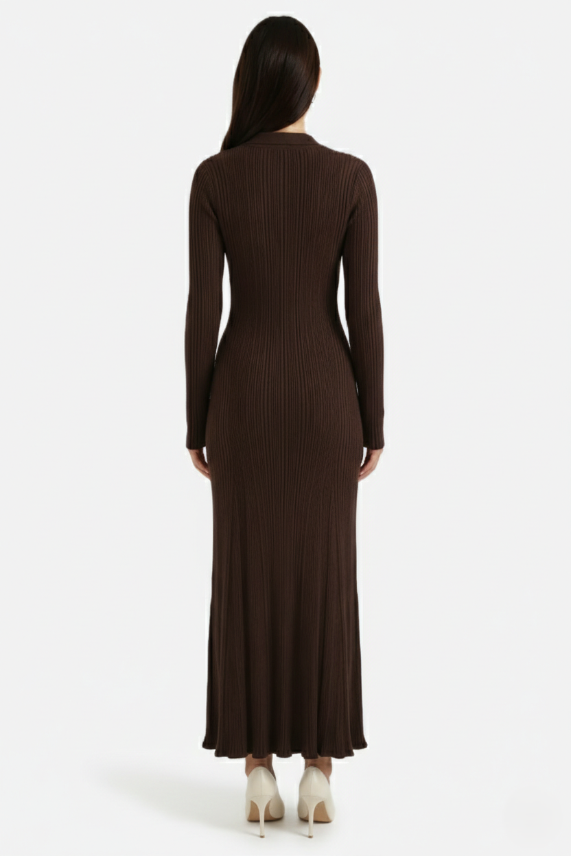 Long Sleeve Ribbed Knit Maxi Dress Polo Collar - Slim Fit Mermaid Hem