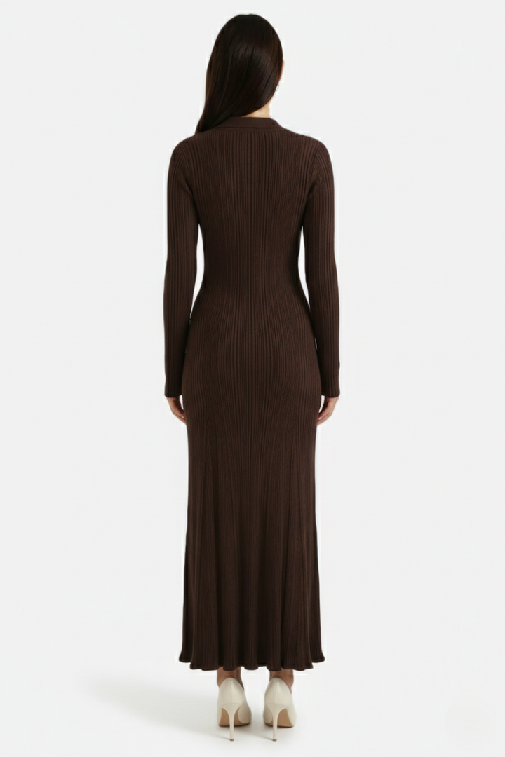Long Sleeve Ribbed Knit Maxi Dress Polo Collar - Slim Fit Mermaid Hem