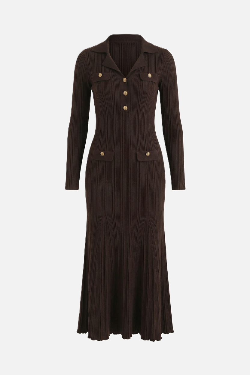 Long Sleeve Ribbed Knit Maxi Dress Polo Collar - Slim Fit Mermaid Hem