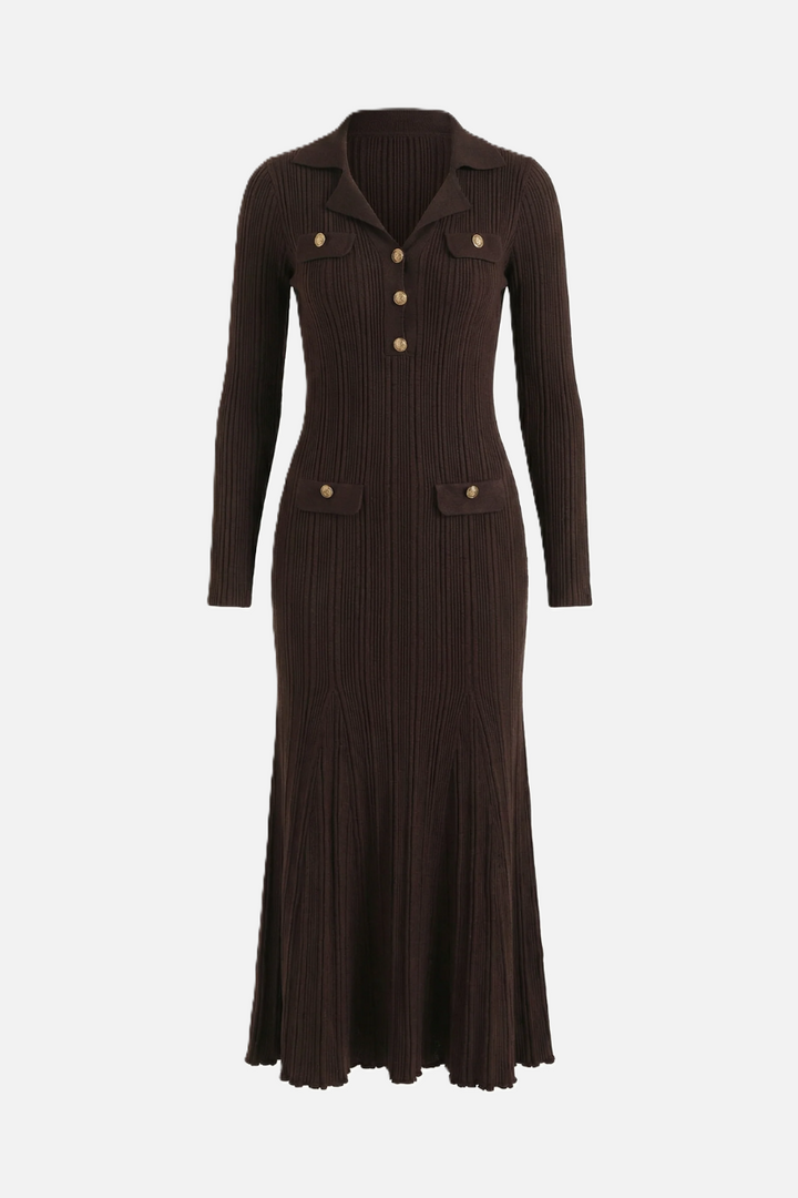 Long Sleeve Ribbed Knit Maxi Dress Polo Collar - Slim Fit Mermaid Hem